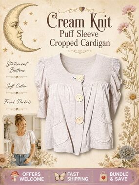 Cream Puff Sleeve Cropped Cardigan Statement Buttons Soft Cotton